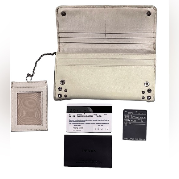 GUC Prada Saffiano Sogo Yokohama Talc Color Wallet with chained ID Tag - Picture 2 of 8